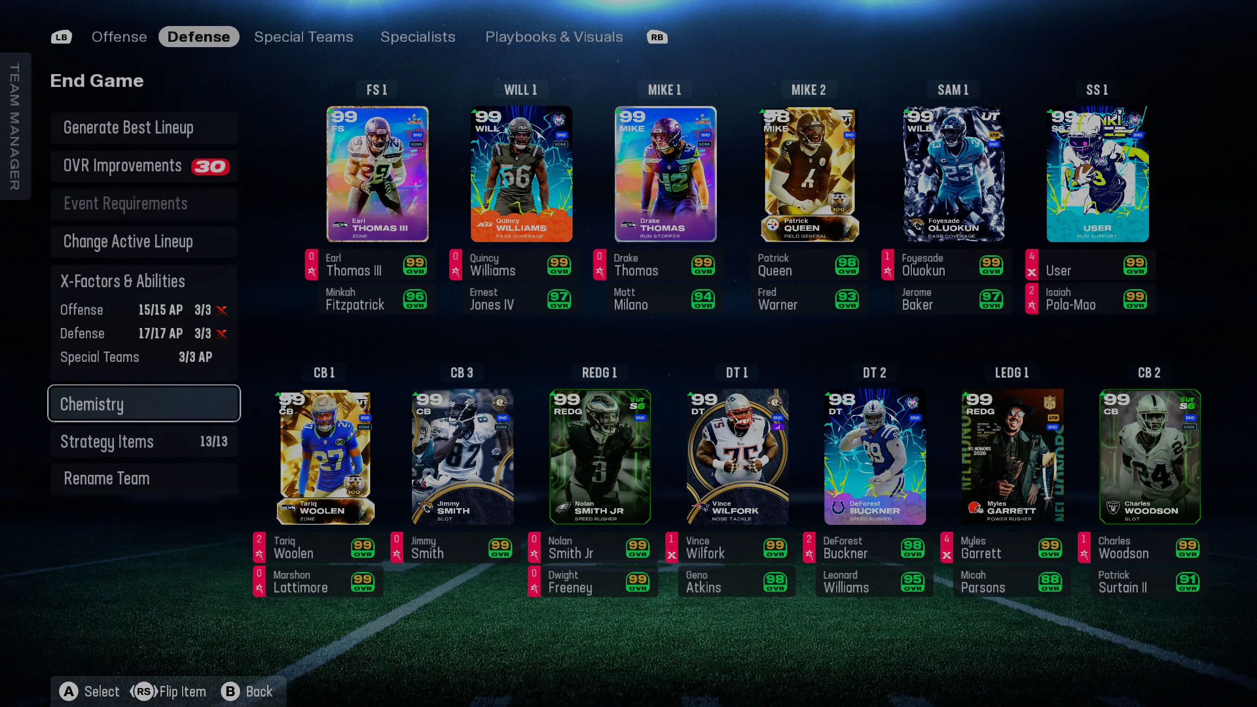 Defense — Seahawks base with Genki Force DT and WILL unlocks